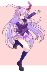 Rule 34 | 1girl, ;d, absurdres, animal ears, blazer, breasts, clenched hand, collared shirt, dancing, full body, head tilt, highres, jacket, legs, loafers, long hair, medium breasts, miniskirt, necktie, one eye closed, open mouth, purple eyes, purple hair, rabbit ears, rabbit girl, rabbit tail, reisen udongein inaba, shirt, shoes, simple background, skirt, smile, socks, solo, standing, standing on one leg, tail, tanakara, touhou, very long hair, waving