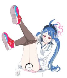 Rule 34 | 1girl, antenna hair, doodle sensei (blue archive), blue archive, blue hair, blush, brown pantyhose, censored, clothes pull, collared shirt, fubuki (blue archive), full body, grin, hair ornament, halo, heart, heart hair ornament, jacket, jeremy song, legs up, long hair, long sleeves, looking at viewer, novelty censor, open clothes, open jacket, panties, pantyhose, pantyhose pull, pink panties, red eyes, red footwear, sensei (blue archive), shirt, shoes, simple background, sitting, smile, sneakers, solo, sweat, twintails, underwear, white background, white jacket, white shirt