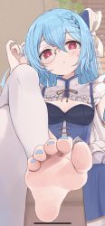 1girl blue_nails character_request copyright_request feet foot_focus hair_between_eyes head_tilt highres kahlua_(artist) leggings nail_polish soles tagme toenail_polish toenails toes white_leggings