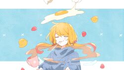 Rule 34 | 1girl, arusechika, bird, blue background, blue shirt, blush, border, bow, chick, closed eyes, coffee, coffee mug, commentary, cracked egg, cup, floating, floating object, food, fried egg, fruit, hair bow, highres, leaning back, long hair, mug, orange hair, original, pink bow, polka dot, polka dot background, shirt, simple background, smile, solo, strawberry, twintails, upper body, x
