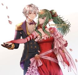 Rule 34 | 1boy, 1girl, bare shoulders, blush, bracelet, breasts, cape, commission, couple, dancing, dress, elbow gloves, fire emblem, fire emblem awakening, formal, gloves, green eyes, green hair, hair ornament, hair ribbon, holding hands, jewelry, large breasts, long hair, nintendo, pink dress, pointy ears, ponytail, red dress, ribbon, robe, robin (fire emblem), robin (male) (fire emblem), short hair, simple background, smile, suit, tiara, tiki (adult) (fire emblem), tiki (fire emblem), wani (fadgrith), white hair