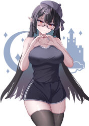 Rule 34 | 1girl, absurdres, bare shoulders, black-framed eyewear, black hair, black headwear, black shirt, black shorts, black thighhighs, breasts, closed mouth, copyright request, cowboy shot, ear piercing, expressionless, glasses, hands up, heart, heart hands, highres, kaijiba, large breasts, legs together, long hair, looking at viewer, nail polish, piercing, pointy ears, red eyes, red nails, semi-rimless eyewear, shirt, shirt tucked in, shorts, skindentation, solo, thighhighs, under-rim eyewear, very long hair