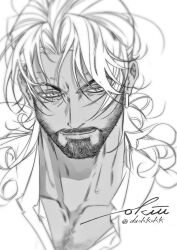Rule 34 | 1boy, absurdres, beard stubble, dark-skinned male, dark skin, facial hair, greyscale, highres, light smile, long hair, male focus, mature male, monochrome, okiii, pectoral cleavage, pectorals, portrait, reverse:1999, shamane, sparse chest hair, stubble, thick eyebrows, tsurime, v-shaped eyebrows