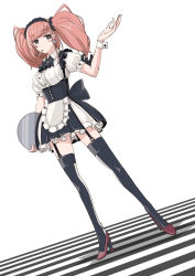 Rule 34 | 1girl, alternate costume, anchor hair ornament, apron, atlanta (kancolle), black eyes, black thighhighs, boushi-ya, breasts, brown hair, dress, earrings, enmaided, frilled dress, frills, full body, garter straps, hair ornament, high heels, holding, holding tray, jewelry, kantai collection, long hair, maid, maid headdress, mouth hold, puffy short sleeves, puffy sleeves, red footwear, short sleeves, simple background, single earring, solo, standing, star (symbol), star earrings, thighhighs, tray, twintails, two side up, waist apron, white apron, wrist cuffs