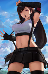 Rule 34 | 1girl, 2boys, aircraft, arm up, armpits, barret wallace, bike shorts, black gloves, black skirt, black thighhighs, breasts, brown hair, cloud, cloud strife, cloudy sky, crop top, day, earrings, elbow gloves, final fantasy, final fantasy vii, final fantasy vii remake, fingerless gloves, gloves, hand on own head, jewelry, large breasts, long hair, looking at viewer, miniskirt, multiple boys, navel, open mouth, outdoors, panties, red eyes, shorts, shorts under skirt, skirt, sky, sleeveless, solo focus, stomach, suspender skirt, suspenders, sweat, thighhighs, tifa lockhart, twitter username, underwear, unsomnus, very long hair, zipper, zipper pull tab