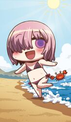 1girl animal bare_arms barefoot beach bikini black_bikini blue_sky blush chibi chibi_only cloud commentary crab day fate/grand_order fate_(series) hair_over_one_eye leg_up light_rays looking_to_the_side mash_kyrielight mountain navel ocean official_art open_mouth outdoors pink_hair purple_eyes riyo_(lyomsnpmp) sand short_hair side-tie_bikini_bottom sky smile solo sun sunbeam sunlight swimsuit third-party_source waves wet