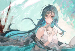 Rule 34 | 1girl, blue eyes, blue hair, closed mouth, cowlick, floating hair, hair between eyes, hand up, highres, jewelry, kasumi yuzuha, long hair, looking at viewer, necklace, original, partially submerged, pendant, shirt, sleeveless, sleeveless shirt, smile, solo, upper body, very long hair, white shirt