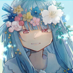 Rule 34 | 1girl, absurdres, blue background, blue hair, blue ribbon, blunt bangs, collarbone, collared shirt, commentary, floating hair, flower request, grin, hair ribbon, half-closed eyes, head wreath, highres, kotonoha aoi, light blush, light particles, long hair, looking at viewer, portrait, red eyes, ribbon, sayonaka megumo, shirt, sidelocks, smile, solo, striped ribbon, voiceroid, white shirt