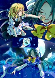 Rule 34 | 2girls, aerial battle, apron, bat wings, battle, blonde hair, blood, blood on face, blood on clothes, bobby socks, bow, braid, capelet, cloud, female focus, flying, full moon, green eyes, green hair, hair bow, hair over one eye, hat, high collar, kirisame marisa, light particles, long hair, long sleeves, mary janes, mielang, mima (touhou), mini-hakkero, moon, multiple girls, night, no headwear, no headwear, open mouth, outstretched arm, parted lips, projected inset, puffy short sleeves, puffy sleeves, shoes, short sleeves, single braid, skirt, skirt set, socks, touhou, touhou (pc-98), waist apron, wings, wizard hat, yellow eyes, yin yang