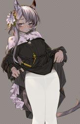 Rule 34 | 1girl, animal ear fluff, animal ears, arknights, black dress, black eyes, blush, closed mouth, clothes lift, dark-skinned female, dark skin, dotted background, dress, dress lift, feet out of frame, flower, grey background, grey hair, hair flower, hair ornament, heavyrain (arknights), heavyrain (tranquil moss) (arknights), highres, horse ears, horse girl, horse tail, kochiya (gothope), lifted by self, long hair, long sleeves, looking at viewer, official alternate costume, panties, panties under pantyhose, pantyhose, solo, standing, tail, underwear, white flower, white pantyhose