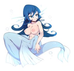 Rule 34 | 1girl, absurdres, blue hair, breasts, closed mouth, commentary, english commentary, fins, full body, green eyes, hair between eyes, head fins, highres, large breasts, long hair, looking to the side, mermaid, monster girl, navel, nipples, original, simple background, slugbox, solo, topless, white background