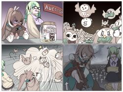 Rule 34 | ahoge, antlers, banknote, bird, brown eyes, brown hair, ceres fauna, comic, cross, fake facial hair, fake mustache, feather hair ornament, feathers, fighting, gendou pose, glasses, green hair, hair ornament, hands clasped, highres, hololive, hololive english, hooman (nanashi mumei), horns, jar, long hair, money, multicolored hair, multiple girls, nanashi mumei, owl, own hands clasped, own hands together, ponytail, shaded face, shovel, smoke, streaked hair, tombstone, virtual youtuber, zedd (zedgawr)