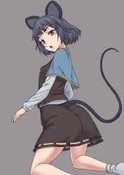Rule 34 | 1girl, animal ears, blue capelet, brown eyes, capelet, commentary, grey hair, grey skirt, highres, kakone, long sleeves, looking at viewer, mouse ears, mouse girl, mouse tail, nazrin, open mouth, short hair, skirt, socks, solo, tail, touhou, white socks