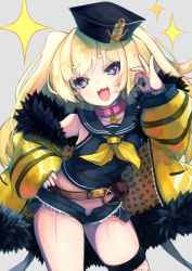 Rule 34 | 1girl, :3, :d, anchor, azur lane, bache (azur lane), belt, black hat, black sailor collar, black shirt, black shorts, blonde hair, blush, collar, fang, fishnet thighhighs, fishnets, fur-trimmed jacket, fur trim, hat, heart, heart-shaped pupils, highres, jacket, long hair, looking at viewer, micro shorts, midriff, navel, neckerchief, ok sign, open clothes, open fly, open mouth, open shorts, otogi kyouka, pink collar, purple eyes, sailor collar, shirt, shorts, simple background, single thighhigh, smile, solo, standing, symbol-shaped pupils, thighhighs, yellow jacket