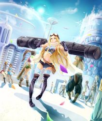 Rule 34 | 4boys, 6+girls, bare shoulders, black gloves, blonde hair, blue eyes, boots, carrying, carrying over shoulder, city, conone, fingerless gloves, gloves, highres, long hair, midriff, multiple boys, multiple girls, navel, original, scarf, science fiction, shirt, shorts, thigh boots, thighhighs, weapon, zettai ryouiki