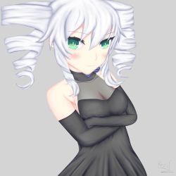Rule 34 | absurdres, bare shoulders, black sister, breasts, cleavage, crossed arms, dress, drill hair, gloves, gown, green eyes, highres, long hair, neptune (seires), neptune (series), pout, rhapsofree, small breasts, tsundere, twin drills, twin drills, twintail, uni (neptunia), white hair