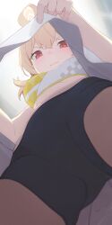 Rule 34 | 1girl, black shorts, blonde hair, blue archive, blush, bra, closed mouth, from below, hair ornament, halo, highres, hiroki (yyqw7151), kotori (blue archive), looking at viewer, looking down, red eyes, shorts, skirt, solo, sports bra, tearing up, underwear, white background, white skirt, yellow halo