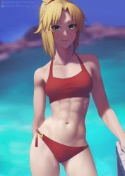 Rule 34 | 1girl, abs, bikini, blonde hair, blurry, blurry background, breasts, closed mouth, commentary request, contrapposto, fate/grand order, fate (series), green eyes, hair ornament, hair scrunchie, hand on railing, long hair, looking at viewer, mordred (fate), mordred (fate/apocrypha), muscular, muscular female, navel, ponytail, putcher, red scrunchie, scrunchie, side-tie bikini bottom, small breasts, swimsuit, tsurime