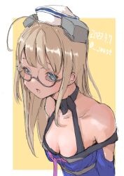 Rule 34 | 1girl, ahoge, blue eyes, blue shirt, breasts, cleavage, glasses, heywood l. edwards (kancolle), heywood l. edwards kai (kancolle), highres, kantai collection, leaning forward, light brown hair, long hair, n-mori, one-hour drawing challenge, shirt, small breasts, solo, twitter username, upper body, white headwear, yellow background