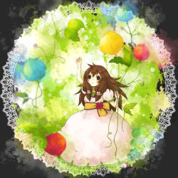 Rule 34 | 1st-mn, balloon, brown hair, dress, flower, hair flower, hair ornament, rose, round image, solo, tsubomi-chan