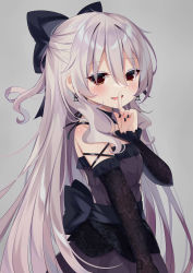 Rule 34 | 1girl, absurdres, bare shoulders, black bow, black dress, black sleeves, bow, child, detached sleeves, dress, finger to mouth, gothic lolita, grey background, grey hair, hair between eyes, hair bow, hand up, highres, ikazu401, lolita fashion, long hair, long sleeves, open mouth, original, red eyes, shushing, simple background, sleeves past wrists, smile, solo, upper body, very long hair