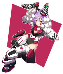 Rule 34 | animal ears, bike shorts, bow, bowtie, breasts, cleavage, cosmic break, dice, facial tattoo, heart, mecha musume, medium breasts, naughty face, panties under bike shorts, purple hair, rabbit ears, red bow, red bowtie, red eyes, renny lop, robot ears, short hair, smile, tattoo, thighs, tsukinami kousuke