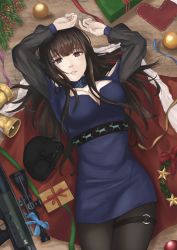 Rule 34 | 1girl, acorn, alternate costume, anti-materiel rifle, bell, blue ribbon, blunt bangs, bolt-action rifle, bolt action, breasts, brown hair, bullpup, cape, cat, christmas, christmas ornaments, christmas wreath, cleavage, cleavage cutout, clothing cutout, dsr-50, dsr-50 (girls&#039; frontline), gift, girls&#039; frontline, gun, highres, large breasts, looking at viewer, lying, open mouth, pantyhose, red cape, red eyes, reindeer, ribbon, rifle, scope, sidelocks, sniper rifle, socks, solo, star (symbol), thighs, weapon, wreath, yuragi zora