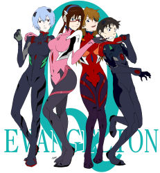 Rule 34 | 10s, 1boy, 3girls, :d, arm around neck, asphyxiation, ayanami rei, black bodysuit, black eyes, black hair, blue eyes, blue hair, bodysuit, breasts, brown hair, choke hold, clenched teeth, copyright name, covered navel, evangelion: 3.0 you can (not) redo, expressionless, eyepatch, from side, full body, glasses, gloves, hair between eyes, hairband, hand on another&#039;s shoulder, harem, highres, ikari shinji, interface headset, large breasts, leg lift, light smile, logo, long hair, looking to the side, low twintails, makinami mari illustrious, medium breasts, multiple girls, neon genesis evangelion, open mouth, pilot suit, pimp, plugsuit, rebuild of evangelion, red-framed eyewear, red eyes, scrunchie, semi-rimless eyewear, short hair, signature, simple background, smile, souryuu asuka langley, standing, standing on one leg, strangling, suimame, sweatdrop, teeth, twintails, under-rim eyewear, white background, wide-eyed
