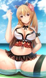 Rule 34 | 1girl, arm behind back, arm up, blue sky, blush, breasts, cleavage, cloud, day, flower, granblue fantasy, hair flower, hair ornament, hair ribbon, highres, large breasts, long hair, looking at viewer, midriff, outdoors, partially submerged, red eyes, ribbon, sky, smile, solo, spread legs, swimsuit, thigh strap, thighhighs, vira (granblue fantasy)