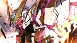 Rule 34 | close-up, commentary request, debris, extra eyes, eye trail, glowing, glowing eyes, gundam, gundam 00, gundam harute, heterochromia, highres, horns, kuri giepi, light trail, mecha, mobile suit, no humans, red eyes, robot, science fiction, v-fin, yellow horns