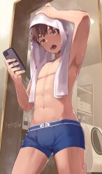Rule 34 | 1boy, after bathing, artist name, bathroom, bishounen, blue boxer briefs, blue male underwear, boxer briefs, brown hair, bulge, commentary, commentary request, cowboy shot, green eyes, highres, holding, holding phone, indoors, looking at object, male focus, male underwear, navel, open mouth, original, phone, solo, steelwire, topless male, torax, underwear, wet, wet hair