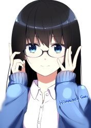 Rule 34 | 1girl, a.a (aa772), alternate eye color, black-framed eyewear, black hair, blue cardigan, blue eyes, blurry, cardigan, character name, closed mouth, collared shirt, commentary request, copyright name, depth of field, glasses, hands up, himawari-san, himawari-san (character), long hair, looking at viewer, open cardigan, open clothes, shirt, simple background, smile, solo, upper body, white background, white shirt