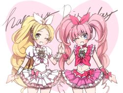Rule 34 | 10s, 2girls, bad id, bad pixiv id, birthday, blonde hair, blue eyes, blush, bow, braid, choker, cure melody, cure rhythm, dress, english text, eyelashes, frilled dress, frilled shirt, frilled skirt, frills, green eyes, hair ornament, hair ribbon, holding hands, happy, happy birthday, heart, heart background, houjou hibiki, lacolon, long hair, looking at viewer, magical girl, midriff, minamino kanade, multiple girls, navel, one eye closed, open mouth, pink bow, pink hair, pink shirt, pink skirt, ponytail, precure, puffy sleeves, ribbon, shirt, single braid, sketch, skirt, smile, standing, suite precure, twintails, white background, white choker, white dress, wink, wrist cuffs