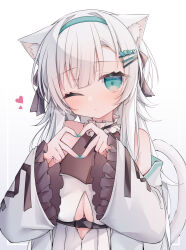 Rule 34 | 1girl, animal ear fluff, animal ears, bare shoulders, blue eyes, blue hairband, blue nails, blush, breasts, cat ears, cleavage, closed mouth, commentary request, dress, frilled sleeves, frills, gradient background, grey background, grey hair, hair between eyes, hair ornament, hairband, hairclip, hands up, heart, heart hair ornament, heart hands, highres, jacket, long hair, long sleeves, medium breasts, nail polish, off shoulder, one eye closed, open clothes, open jacket, original, ringouulu, sleeves past wrists, solo, twitter username, very long hair, white background, white dress, white jacket, wide sleeves
