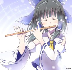 Rule 34 | 1girl, alternate color, ascot, black hair, blush, bow, closed eyes, detached sleeves, female focus, flute, hair bow, hair tubes, hakurei reimu, instrument, long hair, long sleeves, music, player 2, playing instrument, shirt, snow, solo, touhou, upper body, vest, wide sleeves, yutamaro