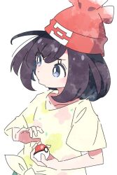 Rule 34 | 1girl, beanie, black hair, commentary request, creatures (company), game freak, hat, holding, holding poke ball, ixy, looking to the side, nintendo, poke ball, poke ball (basic), pokemon, pokemon sm, red hat, selene (pokemon), shirt, short hair, simple background, solo, tied shirt, white background, yellow shirt