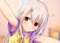 Rule 34 | 1girl, armpits, blurry, blurry background, blush, closed mouth, eyelashes, fate/kaleid liner prisma illya, fate (series), female focus, hair between eyes, highres, illyasviel von einzbern, incoming hug, layered clothes, long hair, looking at viewer, morokoshi (tekku), outstretched arms, purple shirt, red eyes, shirt, short sleeves, smile, solo, white hair, yellow shirt