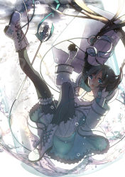 Rule 34 | 1girl, air bubble, black hair, black pantyhose, blue eyes, boots, bridal garter, bubble, cross-laced footwear, gloves, headphones, highres, lace-up boots, long hair, looking at viewer, microphone stand, open mouth, pantyhose, shirotolee, solo, tears, underwater, utau, very long hair, water, xia yu yao