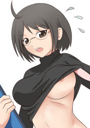 Rule 34 | 10s, 1girl, ahoge, areola slip, black hair, blush, book, breasts, brown eyes, glasses, highres, large breasts, looking at viewer, no bra, open mouth, servant x service, short hair, simple background, solo, sweatdrop, sweater, white background, wo jianqiang fu guo, yamagami lucy