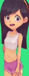 Rule 34 | 1girl, black eyes, black hair, blush, breasts, collarbone, conoghi, disney, green background, hairband, long hair, looking at viewer, midriff, navel, open mouth, pink shorts, pixar, purple eyes, shirt, shorts, small breasts, standing, tank top, teeth, the incredibles, violet parr, white shirt