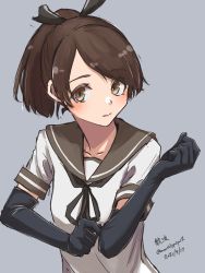 Rule 34 | 1girl, absurdres, black gloves, black ribbon, blush, brown eyes, brown hair, brown neckerchief, brown sailor collar, closed mouth, commentary request, dated, elbow gloves, gloves, grey background, hair ribbon, highres, kanji, kantai collection, looking at viewer, medium hair, neckerchief, ponytail, ribbon, sailor collar, school uniform, serafuku, shikinami (kancolle), short sleeves, simple background, solo, twitter username, umibudou, uniform, upper body