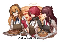 Rule 34 | 3girls, apple pie, apron, aqua eyes, arknights, bad id, bad twitter id, brown hair, catchphrase, character name, cheogtanbyeong, closed eyes, cooking, energy wings, english text, exusiai (arknights), eyes visible through hair, fish, food, girls&#039; frontline, halo, highres, mittens, multiple girls, pie, purple hair, red hair, smile, sparkle, springfield (girls&#039; frontline), stargazy pie, tongs, tray, wa2000 (girls&#039; frontline)