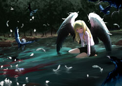 Rule 34 | 1girl, absurdres, angel wings, arm support, barefoot, bird, black skirt, blonde hair, blood, blood in water, blurry, blurry background, closed mouth, commentary, commission, crow, crying, crying with eyes open, english commentary, eudetenis, feathered wings, feathers, highres, hoshino ai (oshi no ko), hoshino ruby, long hair, long sleeves, looking at viewer, one side up, oshi no ko, outdoors, partially submerged, petals, pink eyes, river, second-party source, shirt, sidelocks, sitting, skirt, solo, spoilers, star-shaped pupils, star (symbol), symbol-shaped pupils, tears, tree, variant set, water, white feathers, white shirt, wings