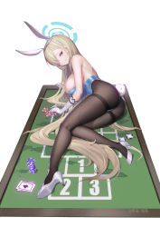 Rule 34 | 1girl, absurdres, animal ears, artist name, ass, asuna (blue archive), asuna (bunny) (blue archive), blonde hair, blue archive, blue eyes, blue leotard, breasts, brown pantyhose, card, casino card table, closed mouth, commentary, fake animal ears, full body, gloves, hair over one eye, hairband, halo, high heels, highres, large breasts, lcy bingzi, leotard, long hair, looking at viewer, lying, on side, pantyhose, playboy bunny, playing card, poker chip, simple background, smile, solo, strapless, strapless leotard, symbol-only commentary, table, thighband pantyhose, very long hair, wet, wet legwear, white background, white footwear, white gloves, white hairband