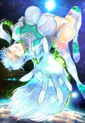 Rule 34 | 1girl, ass, blue hair, breasts, colored inner hair, crystal hair, earth (planet), fate/grand order, fate (series), green eyes, green hair, highres, kukulkan (fate), kukulkan (second ascension) (fate), large breasts, light blue hair, long hair, looking at viewer, multicolored hair, murasaki yuna, open hand, planet, smile, solo, space, sun, very long hair