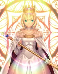 Rule 34 | 1girl, ahoge, artoria pendragon (all), artoria pendragon (fate), blonde hair, bow, cape, choker, crown, dress, elbow gloves, fate/stay night, fate (series), fur trim, gloves, green eyes, highres, official alternate costume, official art, saber (fate), scepter, smile, takeuchi takashi, white dress, white gloves