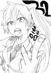 Rule 34 | 10s, 1girl, blazer, boku no hero academia, breasts, buttons, character check, collared shirt, foreshortening, graphite (medium), greyscale, hair between eyes, hand on own hip, head tilt, highres, horikoshi kouhei, index finger raised, jacket, kendou itsuka, kobushifuji, long hair, long sleeves, looking at viewer, md5 mismatch, monochrome, necktie, open mouth, resized, school uniform, shirt, side ponytail, simple background, sketch, small breasts, solo, tongue, tongue out, traditional media, upper body, white background