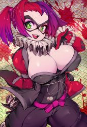 Rule 34 | 1girl, :d, batman (series), batman ninja, bodysuit, breasts, cleavage, collar, commentary, dc comics, domino mask, elbow gloves, english commentary, gloves, green eyes, hand up, harley quinn, highres, large breasts, legs apart, looking at viewer, mask, multicolored hair, open mouth, pointing, pointing at viewer, purple hair, red gloves, red hair, seigaiha, slugbox, smile, solo, standing, sweat, two-tone hair