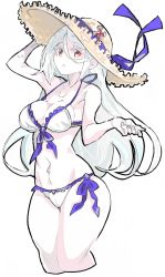 Rule 34 | 1girl, albino, albino (enpe), bare arms, bare shoulders, bikini, breasts, cleavage, colored eyelashes, colored skin, cross, enpe, fingernails, groin, hair between eyes, hat, hat ornament, highres, long hair, looking at viewer, medium breasts, navel, open mouth, original, red eyes, side-tie bikini bottom, simple background, solo, straw hat, swimsuit, very long hair, white background, white bikini, white hair, white skin