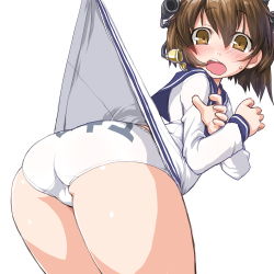 Rule 34 | 10s, 1girl, ass, assisted exposure, bent over, blush, brown eyes, brown hair, clothes writing, crossed arms, dd (ijigendd), dress, embarrassed, kantai collection, long sleeves, open mouth, panties, sailor dress, short hair, simple background, solo, sweatdrop, thighs, underwear, underwear writing, white background, white panties, yukikaze (kancolle)